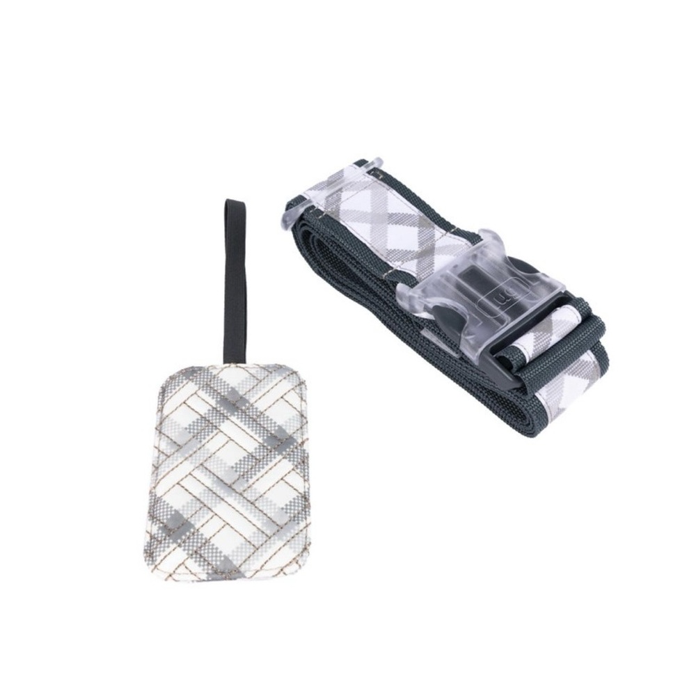 Lug Baggage Claim Strap & Luggage Tag Set-Checkered Plaid Grey-NWT